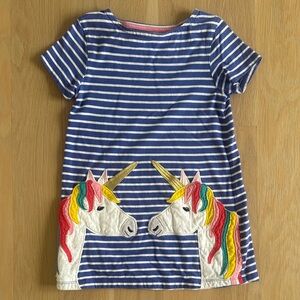 Mini Boden Blue & White Stripe Jersey Tunic with Twin Unicorn Appliqués